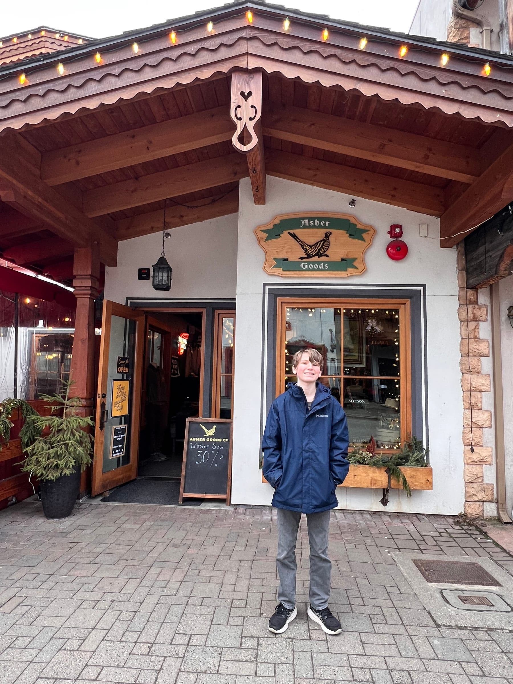 Asher in front of Asher Goods in Leavenworth, WA